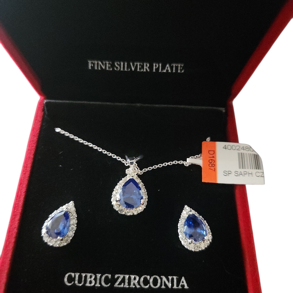 Cubic Zirconia Fine Silver Plate Blue Jewelry Set